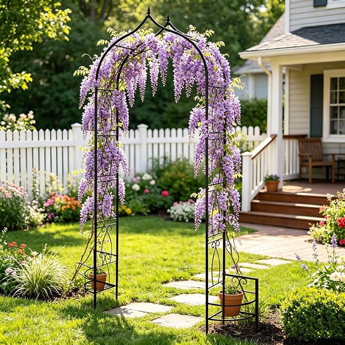 Metal Garden Arbors 8Ft Thickened Arch Trellis for Climbing Plants | Outdoor Arbor with Planter Box Rustproof Trellises Grapes Rose Wedding Arched Entrance Backdrop Stand Party Event Decoration