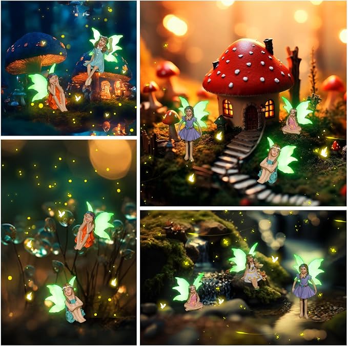 RattanView 6 Pcs Luminous Fairy Figurines Miniatures Resin Fairies Figurines Garden Accessories Small Vintage Luminous Fairy Statues for Outdoor Yard Garden Home Decorations