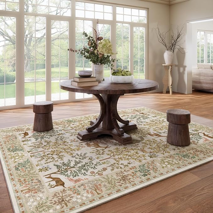 Washable Living Room Area Rug: 8x10 Rugs for Bedroom Vintage Stain Resistant Non Slip Low Pile Large Carpet Rugs for Kitchen Dining Room Farmhouse Kids Room Nursery Indoor