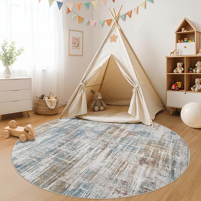 UERMEI 6ft Round Area Rug for Living Room Washable Abstract Blue Brown | Soft Low Pile Non Slip Indoor Carpet Stain Resistant Kid Pet Friendly Circle Rug For Bedroom Dining Room Office Nursery