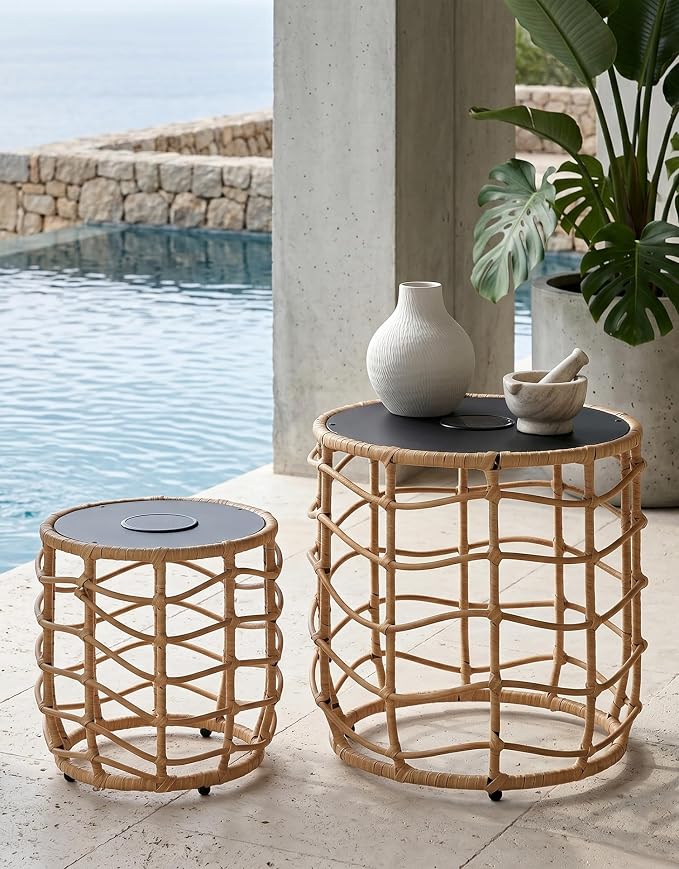 PARTPHONER Boho Solar Outdoor Side Table with Built-in Lights Set of 2, All-Weather Wicker Nesting Tables, Round Waterproof Accent End Table Design for Patio, Porch, Garden & Balcony, Natural Brown