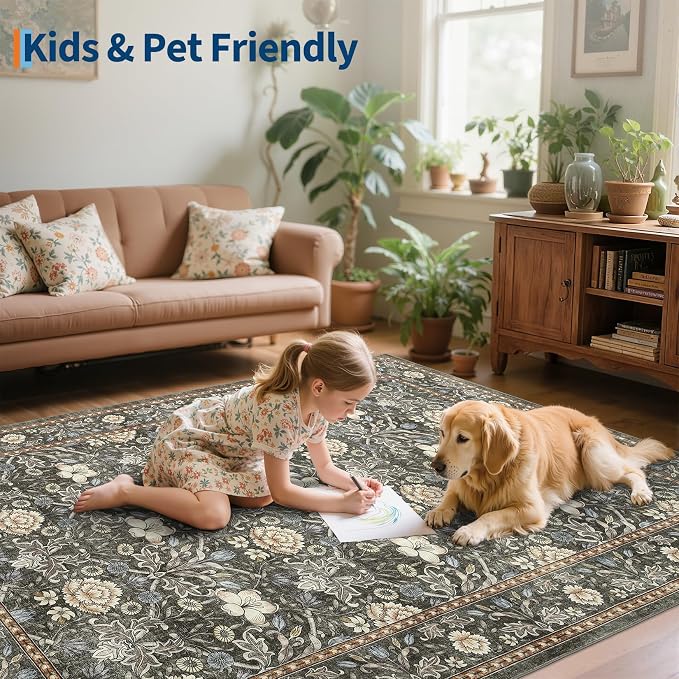 GarveeHome Large Area Rugs 9x12 for Living Room, Retro Floral Washable Rug Soft Non Slip Floor Mat Carpet Indoor Thin Accent Rug for Bedroom Dining Room Playroom Nursery Home Decor