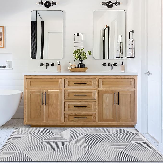 Machine Washable Area Rug Runner - Living Room Bedroom Bathroom Kitchen Entryway Office - Padded Low Pile Stain Resistant Premium - Modern Geometric Contemporary - Miles - Gray 2'6"x10'
