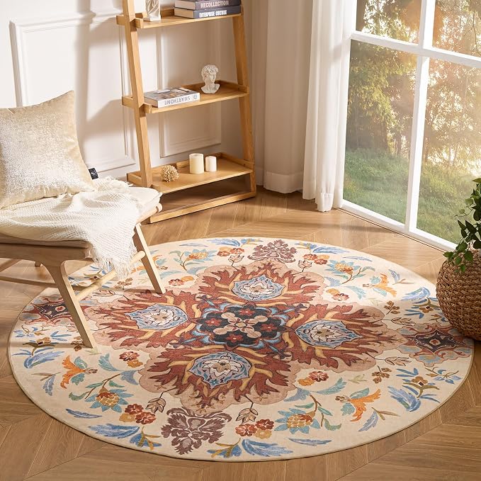 Phantoscope Washable Round Area Rug 6ft Non-Slip, Vintage Boho Rugs for Living Room, Bedroom, Dining Room, Fall Orange Floral Medallion Pattern, Low-Pile Foldable Floor Carpet, Rust/Multi Floral