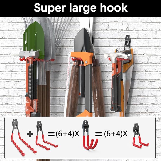 3-H Garage Wall Hooks 46 Pack,Garage Hooks Heavy Duty,Garage Storage Hooks for Hanging and Organizing Garden,Lawn,Yard Tools,Chairs,Ladders,Weed Eater,Shovel,Blower(Red)