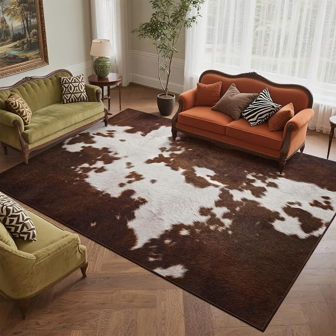 DweIke Cow Print Rugs for Living Room, 4x6 Soft Faux Animal Cowhide Area Rug, Washable Non-Slip Stain Resistant Throw Carpet for Dining Room Office Western Home Decor, Red Brown