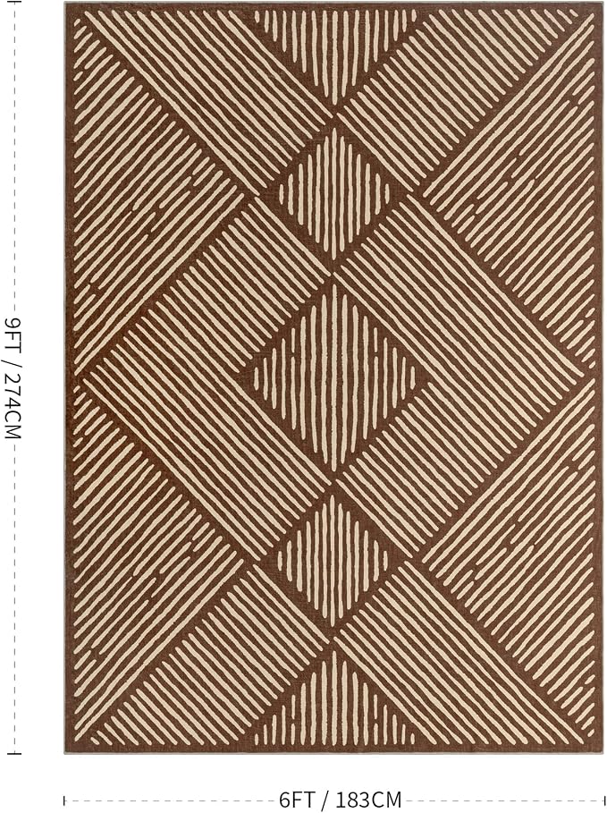 6‘x9' Washable Brown Stripe Modern Area Rug for Living Room | Soft, Non-Slip, Low Pile, Large Earth Tone Geometric Rug for Bedroom Dining Room