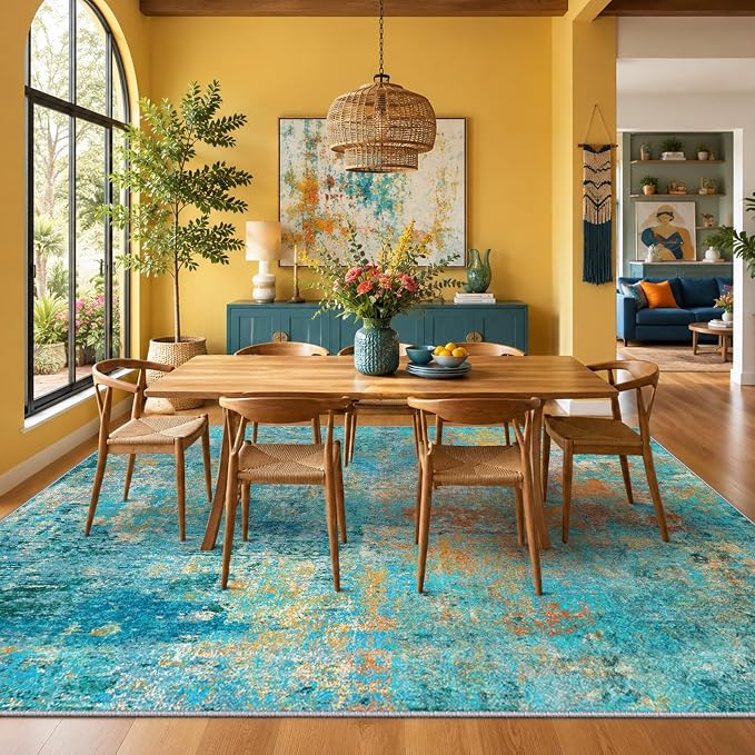 RELEANY Washable 6'x9' Abstract Area Rug for Living Room Teal Multi | Carpet for Bedroom, Kitchen, Office, Hallway and Entryway, Printed Pattern, Non‑Slip, Soft, Stain‑Resistant, Easy to Clean