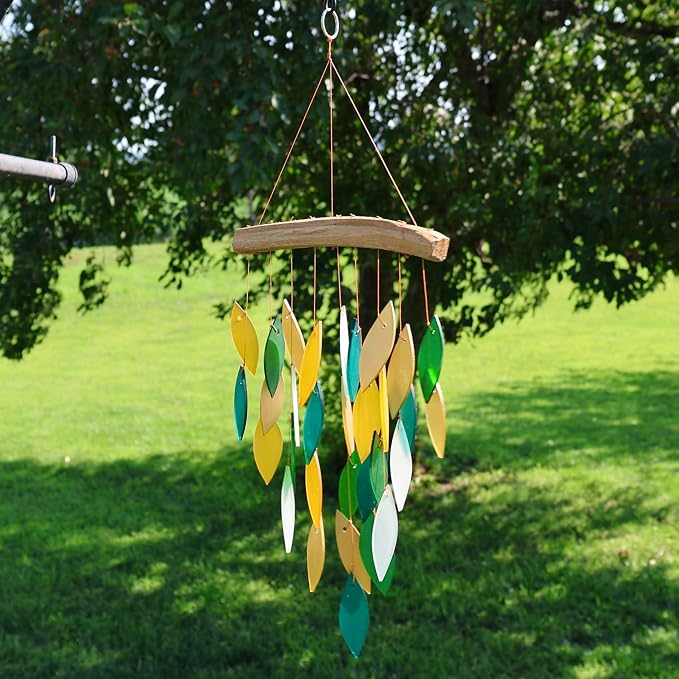 Blue Handworks Rainforest Waterfall Glass Wind Chime | Handcrafted Waterfall Glass Wind Chime in Deep Emerald Green, Bold Gold, Chartreuse Yellow, Dark Teal and Frosted White