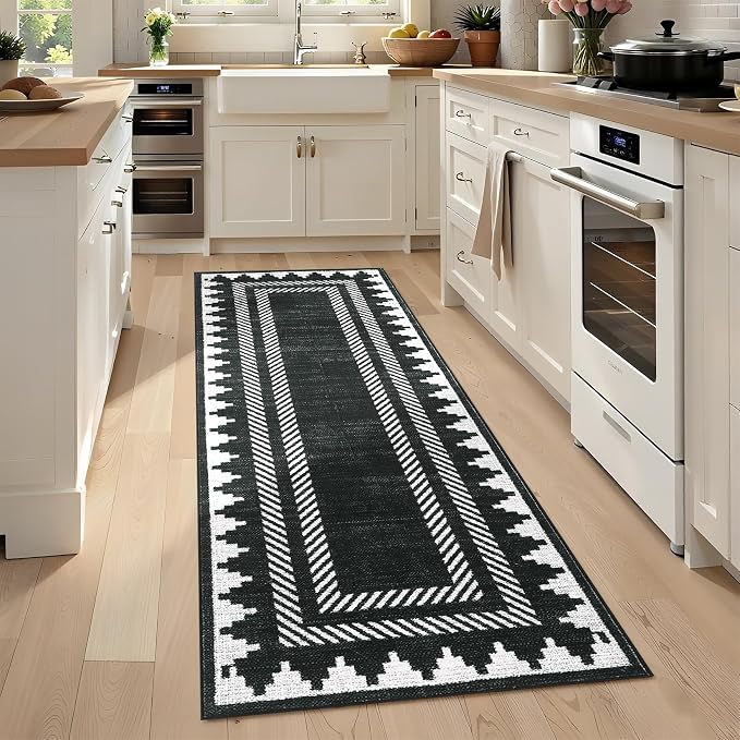 GarveeHome Modern Geometric Runner Rug 2x6 Washable Hallway Runner Rugs Black Unique Bordered Neutral Accent Rug Non Slip, Non Shedding Low Pile Kitchen Mat, Soft Low Pile Neutral Carpet for Laundry