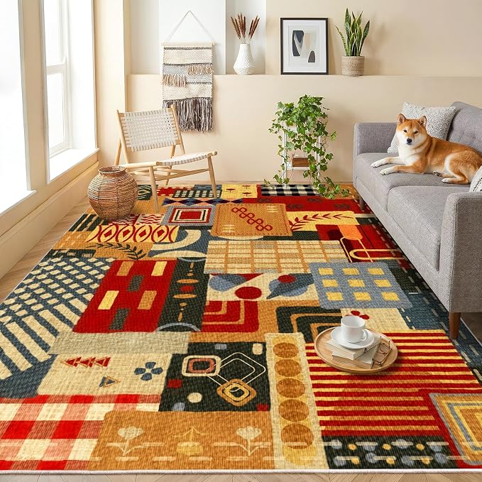 Washable 4x6 Patchwork Area Rug, Boho Tribal Geometric Colorful Rug | Non-Slip Low Pile Indoor Carpet| Vintage Rustic Rug for Dining Room Bedroom Office Entryway Decor| Southwestern Rustic Rug