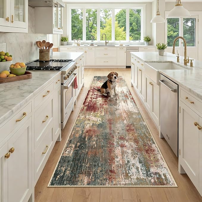 RELEANY Washable Runner 3'x9' Abstract Area Rug for Hallway Rustic Brown | Carpet for Kitchen, Entryway, Bathroom, Living Room, Bedroom, Printed Pattern, Non‑Slip, Soft, Stain‑Resistant, Easy to Clean
