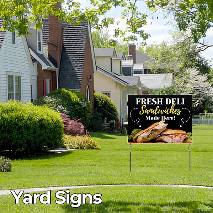 Fresh Deli Sandwiches Made Here! Yard Sign by DC | 24"x18" Double Sided Conv. Store Garden Sign with 13” Metal Stakes | Outdoor Signs Waterproof for Lawn, Patio, Sidewalk & House | Set of 4