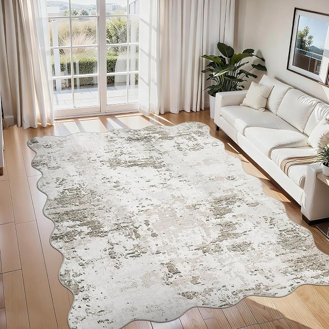 ROYHOME 9x12 Modern Abstract Scalloped Accent Rug, Taupe | Non Slip Stain Resistant Throw Rug Low Pile Machine Washable Indoor Floor Cover for Living Room Bedroom Office Home Decor