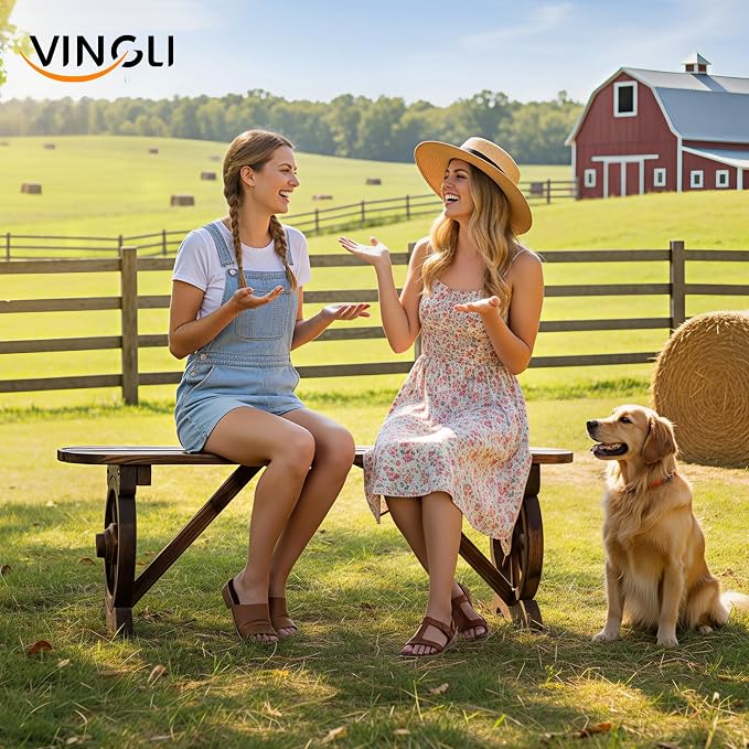 VINGLI Rustic Wooden Wheel Bench Outdoor Bench, Patio Bench Wagon Slatted Seat, Garden Benches for Outdoors 350lbs High Capacity, Weather Resistance (Rustic, 46in)