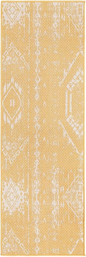 Unique Loom Outdoor Bohemian Collection Area Rug - Anthro (2' x 6' 1" Runner, Yellow/ Ivory)