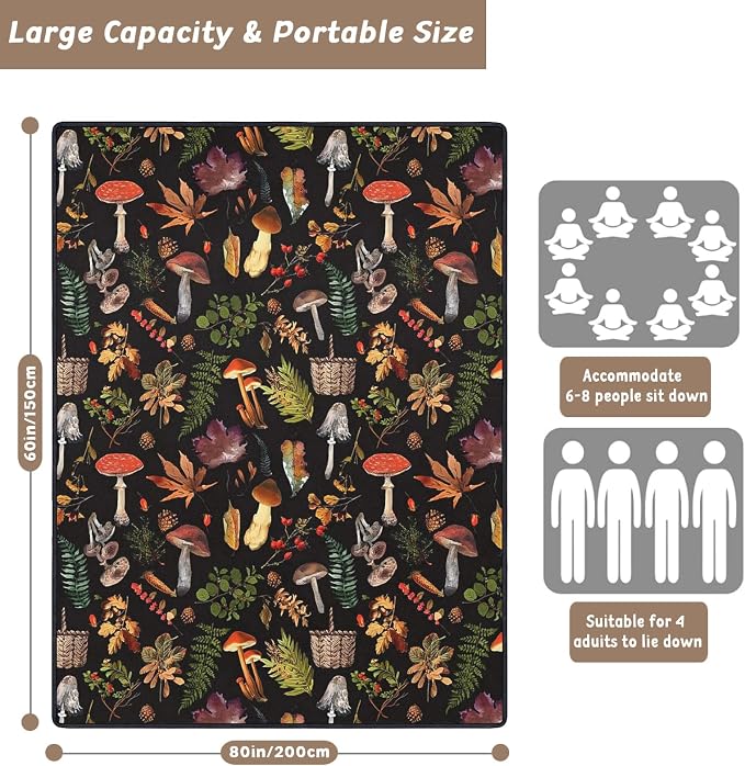 Picnic Blankets Extra Large Waterproof, 80"x 60"Mushroom Beach Mat with Corner Pockets Windproof Sandproof Foldable Portable 3-Layer Mat Darker for Wet Grass,Parks,Music Festival,Camping,Concerts