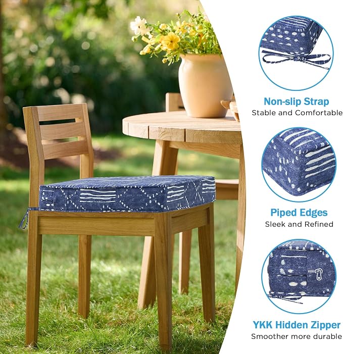18.5 x 16 Inch Outdoor Chair Cushions with Tie Straps, Set of 4 Thick Water Repellent Rectangle Patio Chair Pads for Garden Lawn Patio Furniture, Cobalt Grid