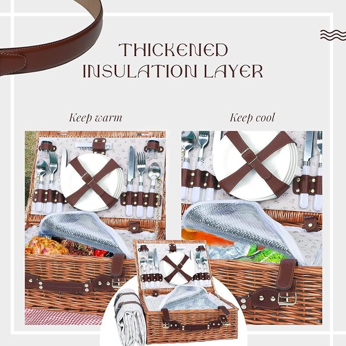 Picnic Baskets Wicker Willow Picnic Set for 4 Persons with Insulated Cooler Bag and White Floral Waterproof Picnic Blanket Gift for Christmas Thanksgiving Wedding Birthday Camp Outdoor Beach Travel