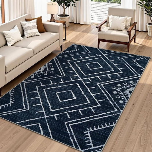 LIVEBOX Western 5x7 Area Rug, Navy Washable Rugs for Living Room Bedroom, Non Slip Moroccan Tribal Rug Low Pile Soft Geometric Boho Large Area Rugs Diamond Carpet for Dining Room Home Office Decor