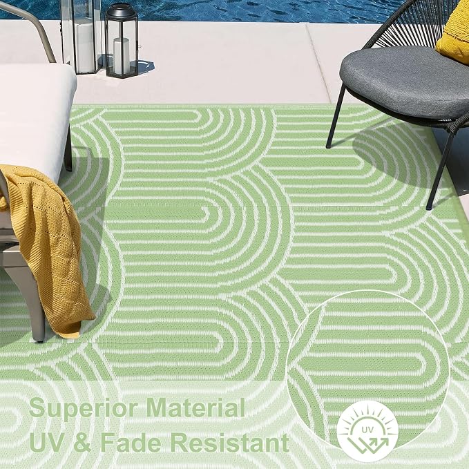 Lahome Deck Rugs Outdoor Waterproof 6x9 Patio Outside Rug, Plastic Straw Reversible Rv Mat,Large Portable Porch Camping Carpet for Balcony Tent (Rainbow Green, 6'x9')