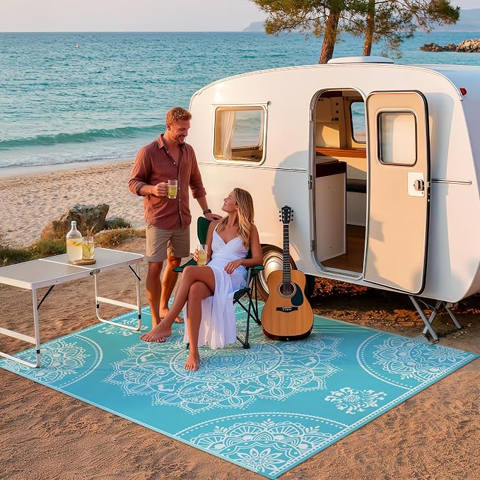 Pauwer Waterproof Outdoor Rug 8x10, Reversible Plastic Straw Patio Camping Rug, Indoor Outdoor RV Mat Carpet for Deck, Camper, Porch, Balcony, Backyard, Picnic, Floral Teal