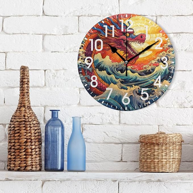 ALAZA Home Decor Chinese Dragon Ocean Wave Artwork Round Acrylic 9.84 Inch Wall Clock Non Ticking Silent Clock Art for Living Room Kitchen Bedroom