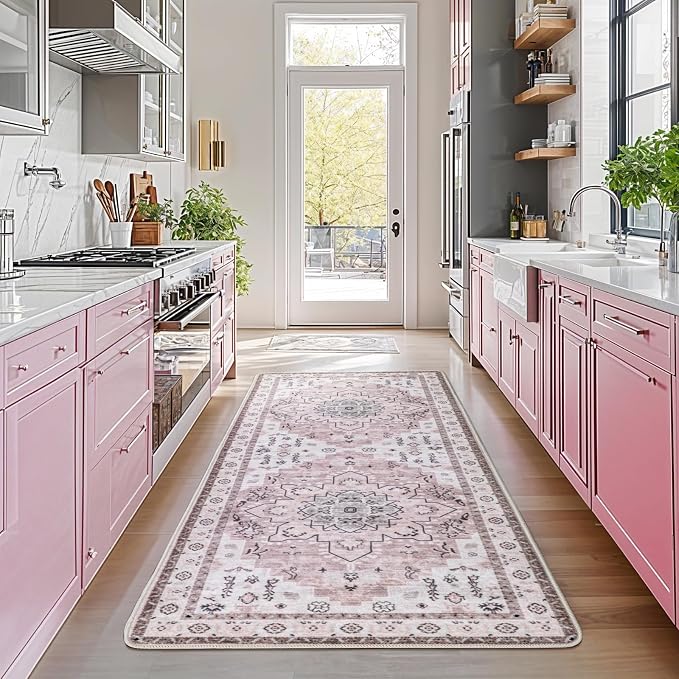LBRO2M Machine Washable Rug Soft Pet Friendly Carpet 2'6" x 8' Pink | Persian Runner Rug 2'6"X8' for HallWay, Bedroom, Kitchen, Laundry Room, Non Slip Carpet, Foldable Stain Resistant Rugs