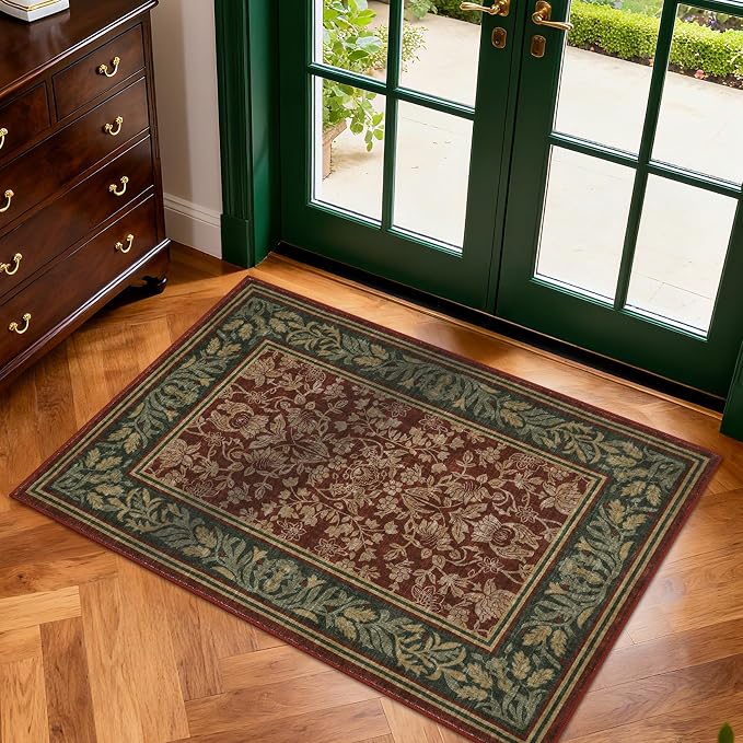 GarveeHome Small Area Rugs 2x3 Non Slip Washable Entryway Rug, Red | Boho Vintage Front Door Mat Soft Low-Pile Stain Resistant Indoor Throw Carpet for Kitchen Bathroom Bedroom Decor