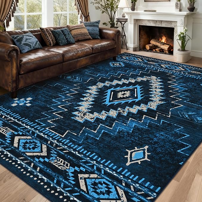 Yinhua Living Room Rug 6x9, Western Washable Area Rug for Bedroom | Aztec Blue Rugs Non-Slip with Rubber Backing, Soft Non-Shedding Carpet for Office Nursery