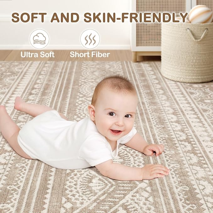 Tortania Area Rug Living Room Rugs - 8x10 Washable Large Soft Neutral Boho Moroccan Bohemian Farmhouse Rug Indoor Floor Carpet for Bedroom Under Dining Table Home Office Decor - Light Brown