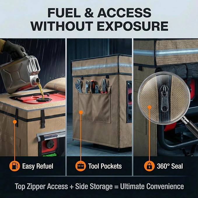 Generator Covers While Running, Generator Covers Compatible with 3000W-5000W Generator, 28"L x 20"W x 20"H Heavy Duty Waterproof Generator Cover for Outside, Transparent Windows to See Gauges, Khaki