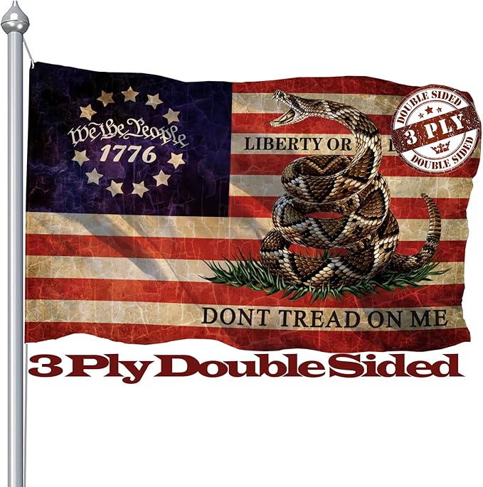 Double Sided Dont Tread On Me Flag 3x5 Ft For Outside, 3 Ply Don't Tread On Me Flags Banner, USA American Gadsden Rattlesnake Garden Flag Outdoor With UV Fade Proof