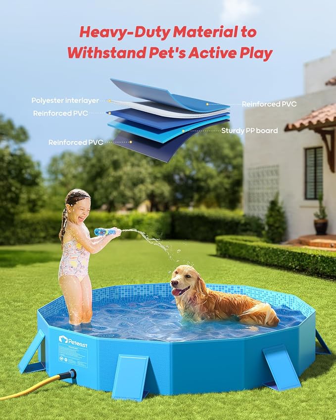 Peteast Dog Pool for Large Dogs, Foldable Hard Plastic, 87 in | Collapsible Kiddie Pool with Stable Side Support for Pets and Kids