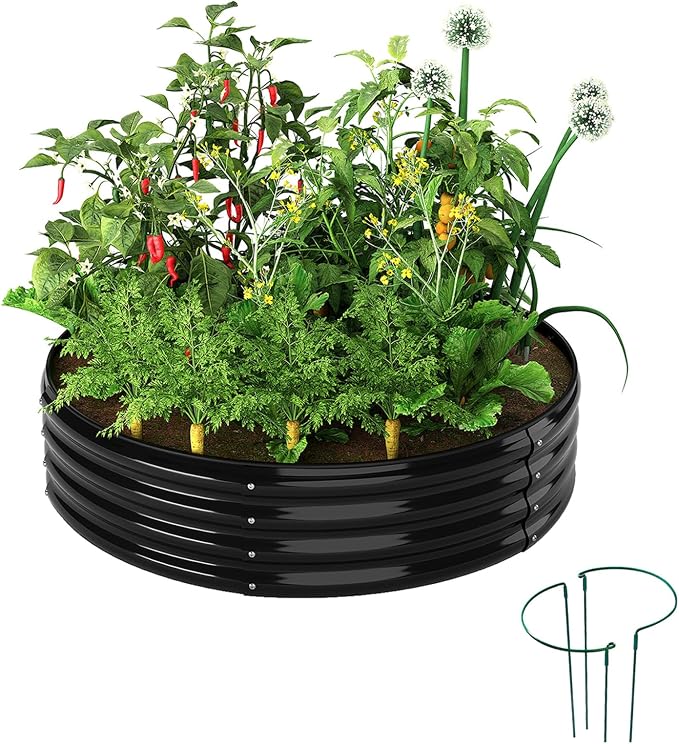 ZFHgarden Galvanized Metal Planter Round Raised Garden Bed Kit for Gardening Outdoor，2x2x1ft Grow Garden Box Raised Flower Bed，Round Galvanized Planter Outdoor Metal Fire Pit Ring Black
