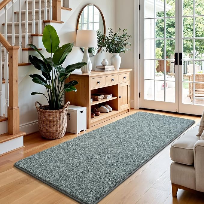 Keeko 2x8 Area Rugs for Living Room,Soft Washable Memory Foam Bedroom Rug | Indoor Throw Rug Low Pile Minimalist Non Slip Carpet for Kids Nursery Classroom Dorm Room Home Decor Grey-green and White