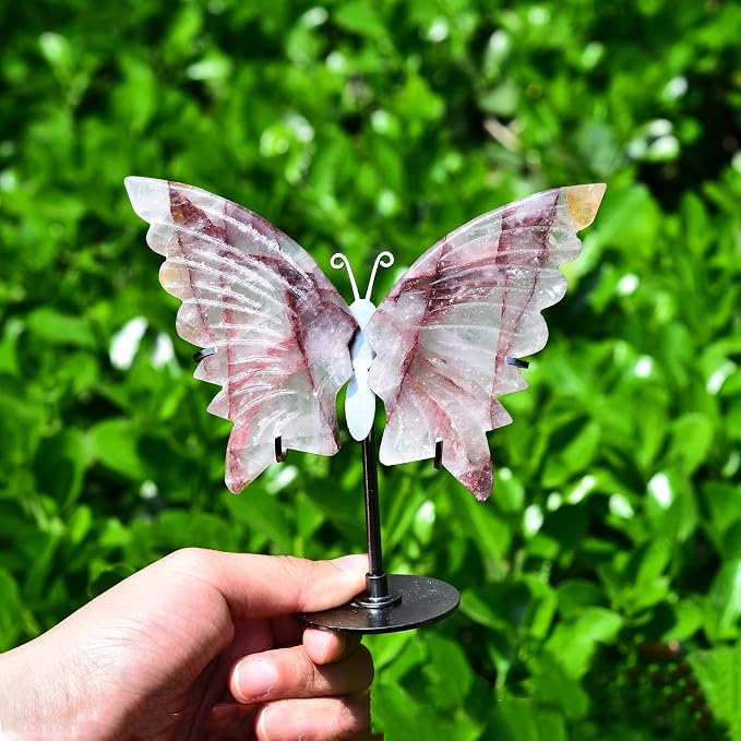 JIC Gem Hematoid Quartz Crystal Stone Butterfly Art Decorative Healing Crystal Slices Carved Angel Wings with Silver Stand Office Home Decor Reiki Gifts (1pair, 10cm)