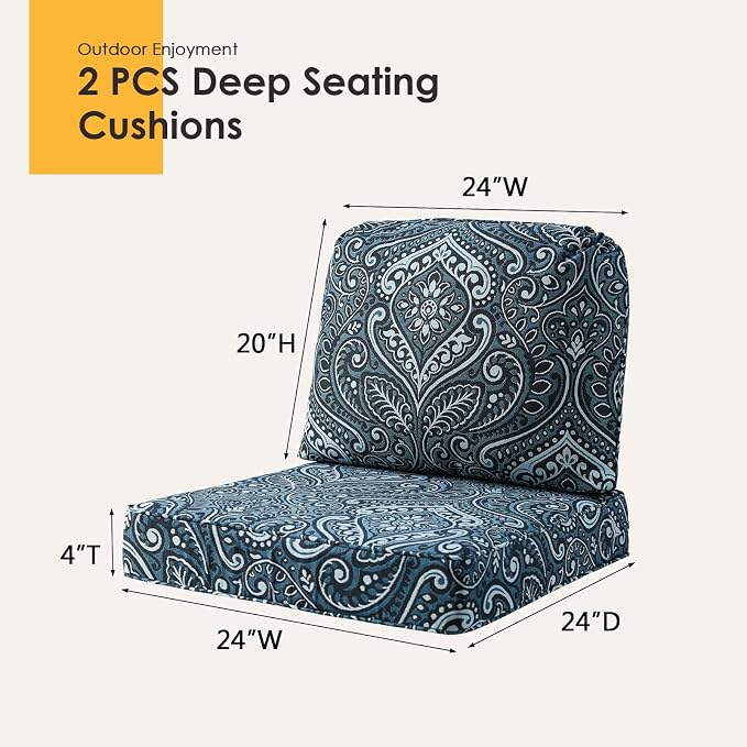 Outdoor Cushions for Patio Furniture Set of 2, 24"x24" Water Repellent Chair Cushions Removable Seat Bottom & Back Cushion Covers for Chair, Sofa, Couch, Damask Vine