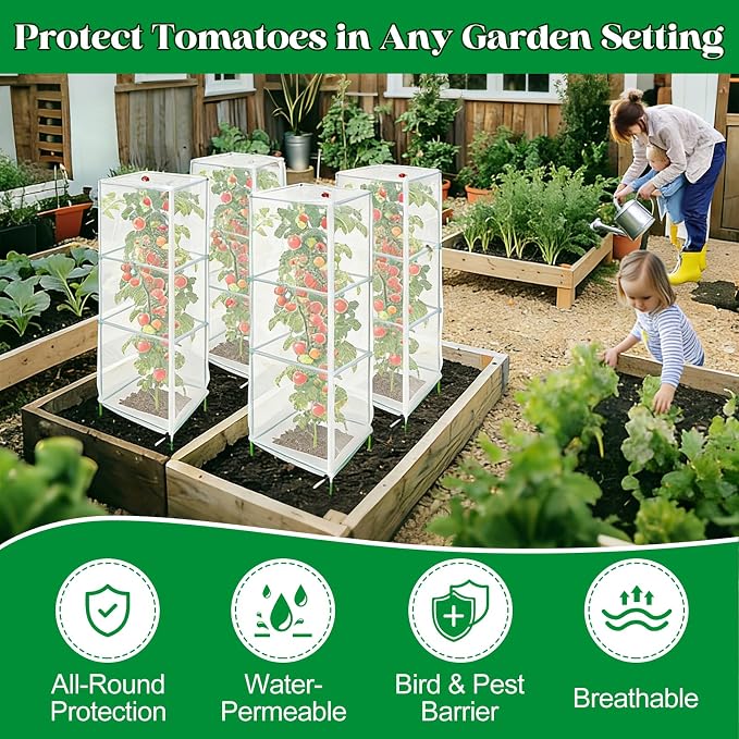 6 Pack Tomato Cage Netting Covers for Square Tomato Cages, 41.4" × 17.4" Fine Mesh Garden Netting with Easy-Access Zipper & Adjustable Drawstring, Durable Bird & Insect Barrier for Tomato Plants