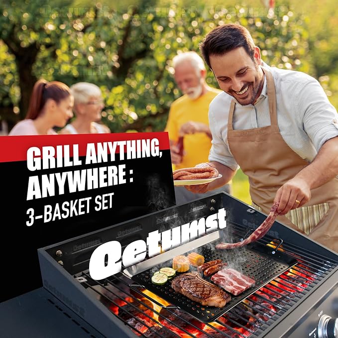 Qetumst Large 3 Piece Grill Basket Set for Outdoor Grill, Heavy Duty Veggie Grilling Pan with Riveted Handles, Warp Resistant Nonstick BBQ Accessories for Vegetables, Seafood & Meat