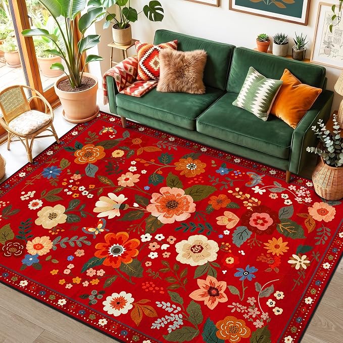 Floral Washable 6x9 Area Rugs Red/Orange | Flower Carpet, Print, Boho, Non-Slip, Easy to Clean, Soft, Low Pile for Living Room Bedroom Kitchen Office Entryway Hallway