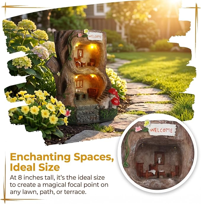 Solar Light Gnome Fairy Garden House for Outside, Big Size Fairy Miniature Buildings Accessories House Sculptures for Outdoor Garden Patio Lawn Path Decorations, 8" Tall
