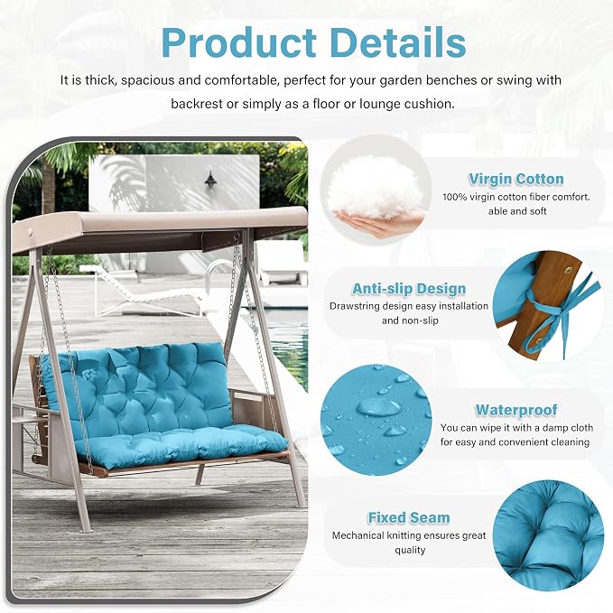 Porch Swing Cushion with Backrest,Waterproof Bench Cushion for Outdoor Furniture,2-3 Seater Replacement Thickened 5 in swing cushion,with Ties,Patio,Outdoor,Backyard and Garden (Lake Blue,47x40 in)