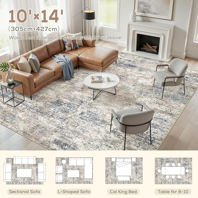 Nakagishi 10X14 Abstract Washable Area Rugs for Living Room-Blue Brown | Modern Non-Slip Silicone Backing Low Pile Soft Carpet for Bedroom Dining Decor Ideal for Families with Kids and Pets