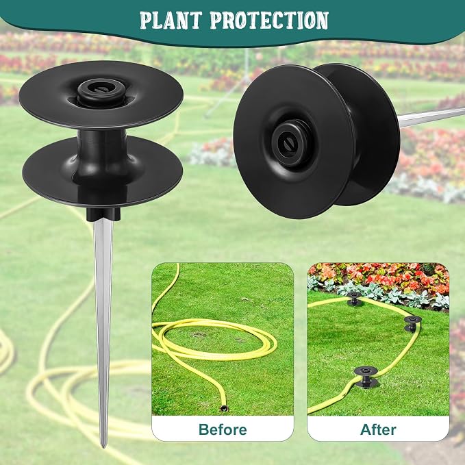 Chumia 2 Pieces 10 Inch Garden Hose Guide Spike, Zinc Coated Rustproof Heavy Duty Metal Stake with Top, Keeps Garden Hose out of Flower Beds, Guard for Yard Plant Protection (Black)
