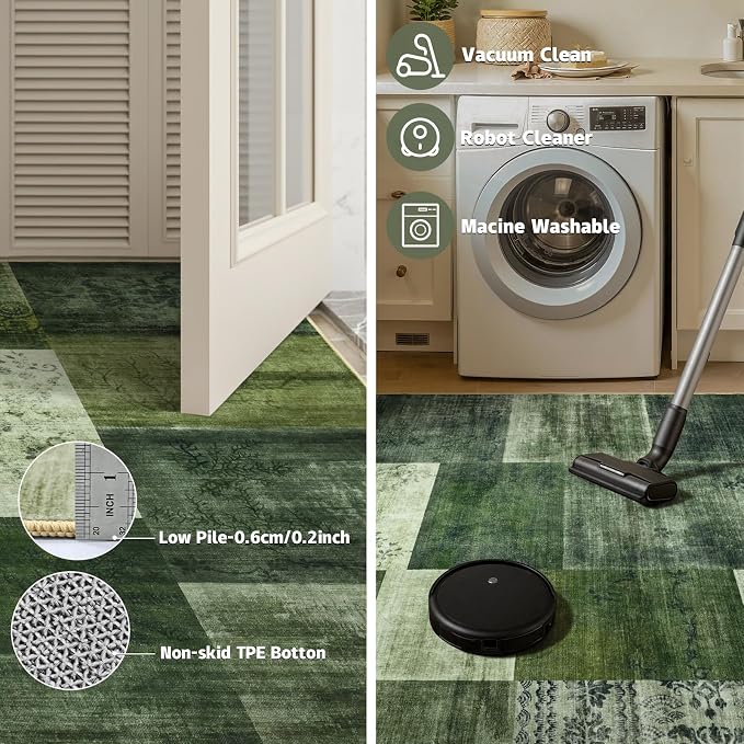 Washable Area Rugs 6x9 for Living Room, Large Modern Geometric Green Soft Patchwork Carpet, Non-Slip Stain Resistant Throw Rug for Bedroom Dining Room Office Home Decor