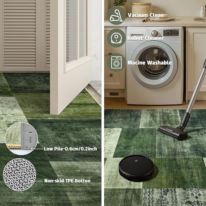 Runner Rug for for Hallways, 2'x6' Washable Kitchen Rugs with Non Slip Rubber Backing, Soft Low Pile Non-Shedding Geometric Carpet for Laundry Bedroom Bathroom, Green