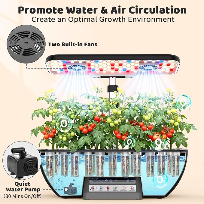 Growell 17 Pods Hydroponics Growing System Kit, Indoor Garden with 2 Fans | for Airflow & Anti-Mold, LED Grow Light, Smart Water Cycle, Auto Timer, 10L Large Water Tank,Gardening Gift, Black/Gery