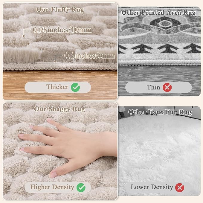 6x9 Area Rug for Living Room, Beige Washable 3D Bubble Bedroom Rug | Non Slip High Low Pile Hexagon Floor Mat for Dorm, Modern Soft Fluffy Carpet for Dining Room, Office and Nursery
