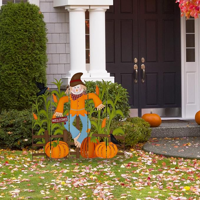 Glitzhome 41.5"H Fall Decorative Yard Signs with Stakes, Metal Scarecrow Corns Combo Garden Yard Stake for Home Lawn Yard Pathway Front Door Fall Harvest Thanksgiving Wall Hanging Decor